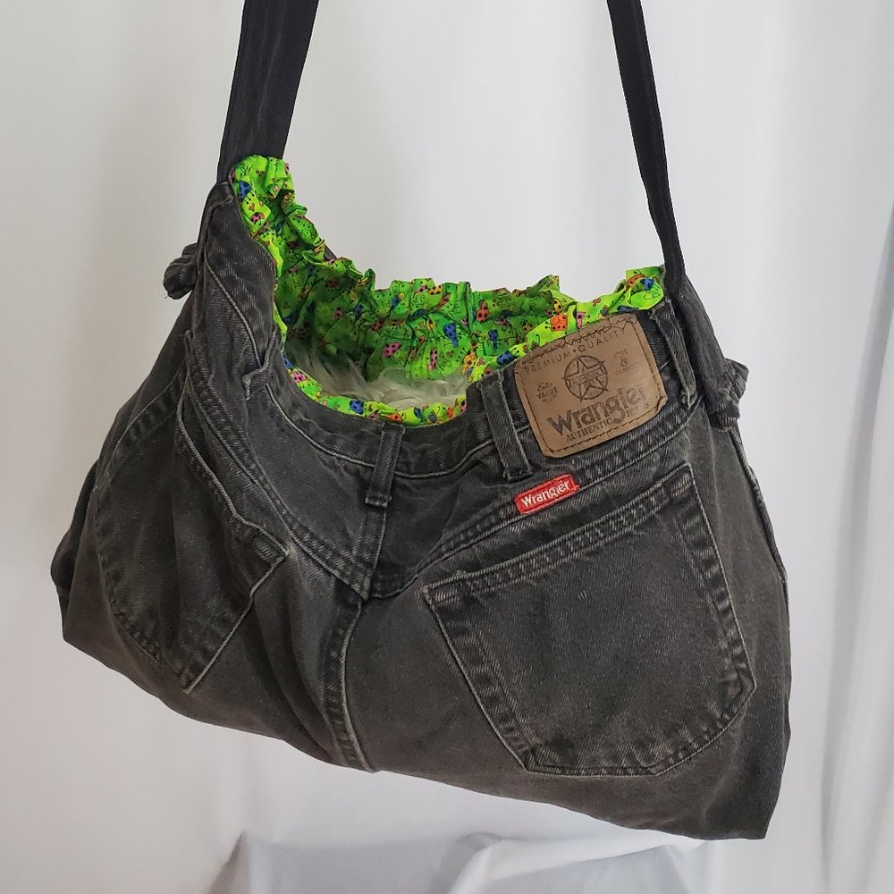 Up-cycled Tote bag Sewn from old pair of Wrangler Jeans. Cute Ladybug Lining.